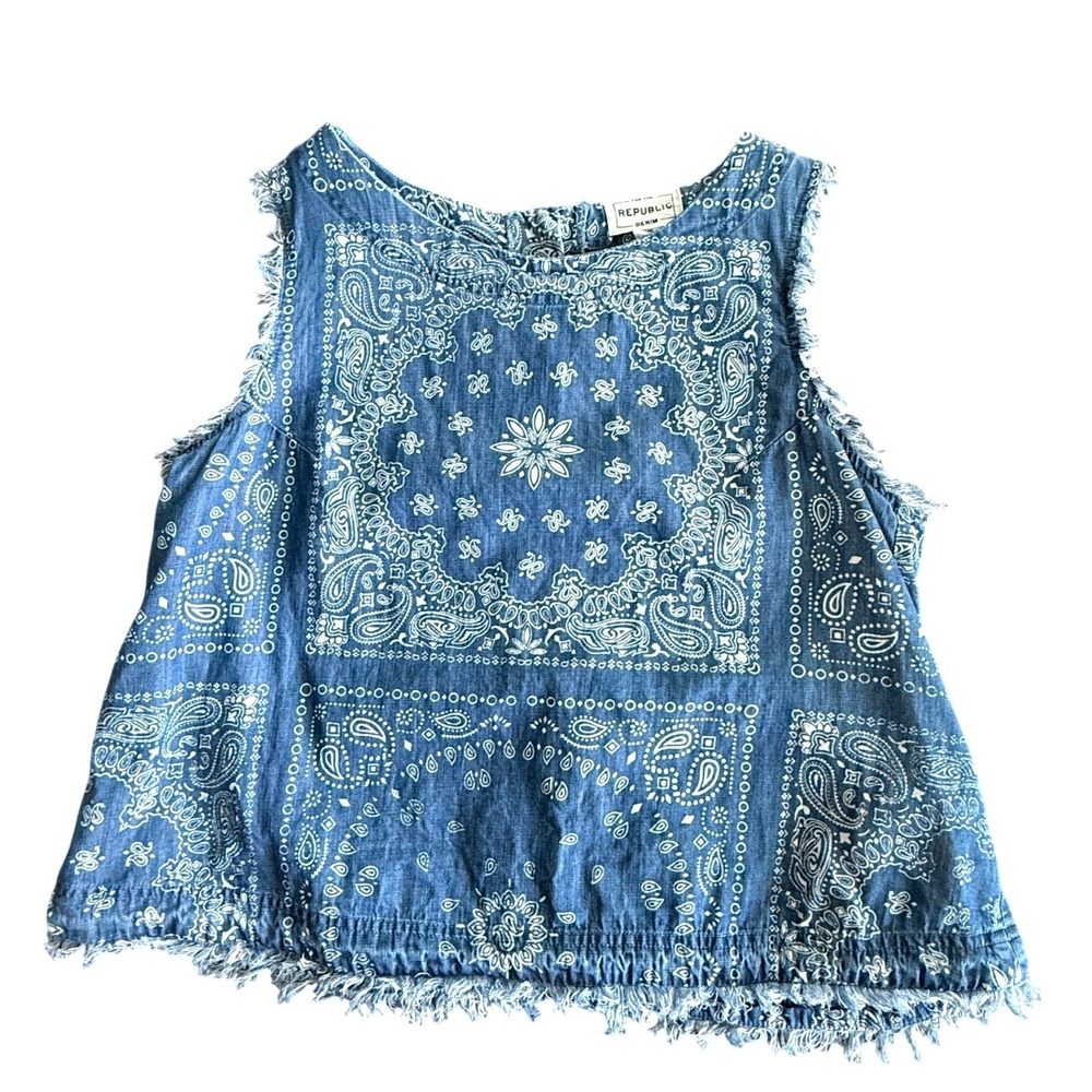 For The Republic Frayed Edge Paisley Bandana Boho Denim Tank Top Blue Large